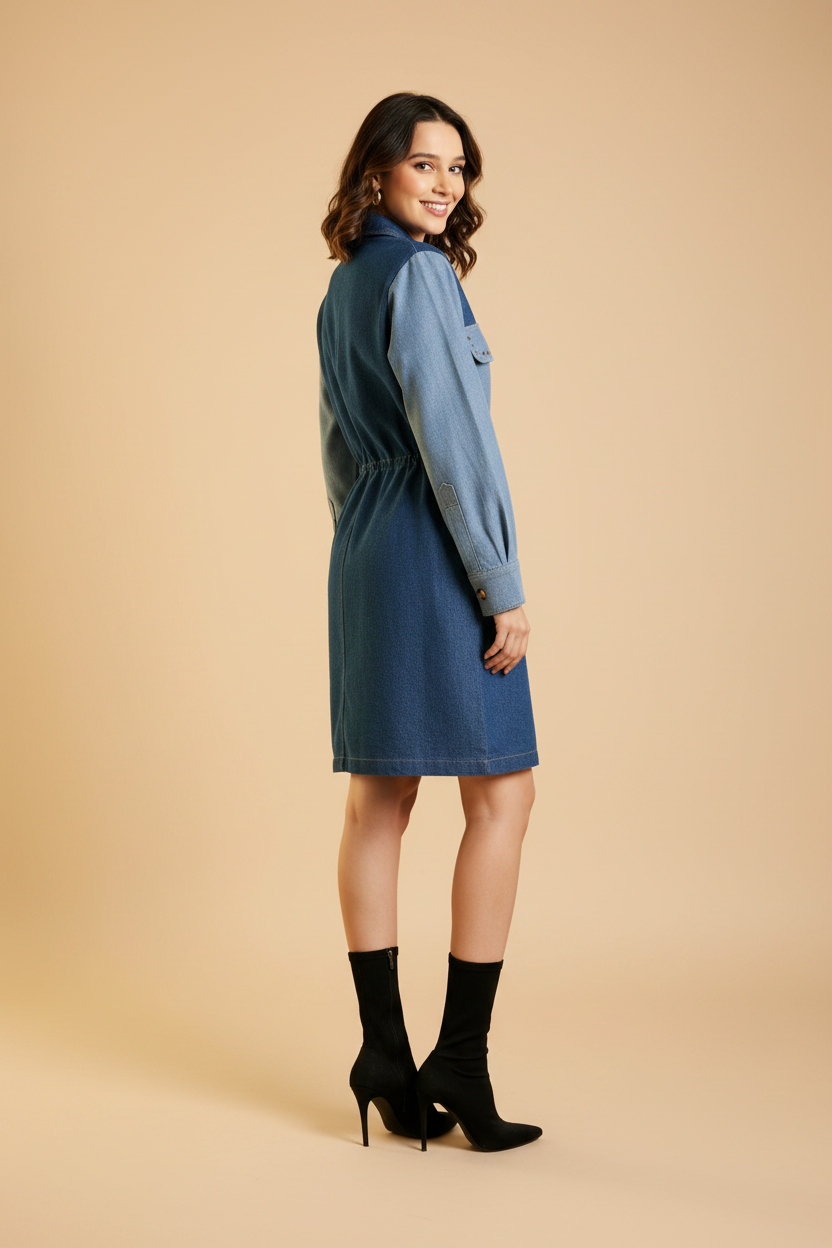 Snuggle Spot Women's Denim Color Blocking Roll Up Dress (Blue)