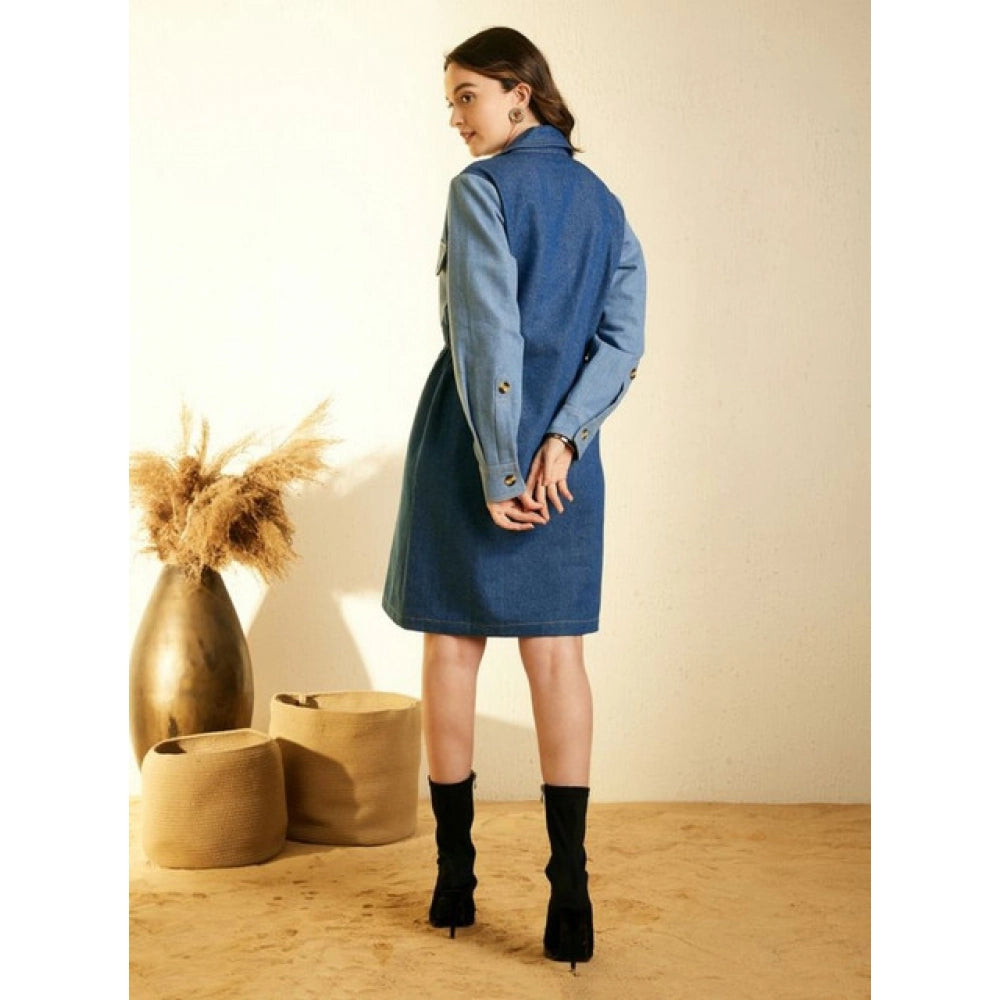 Snuggle Spot Women's Denim Color Blocking Roll Up Dress (Blue)