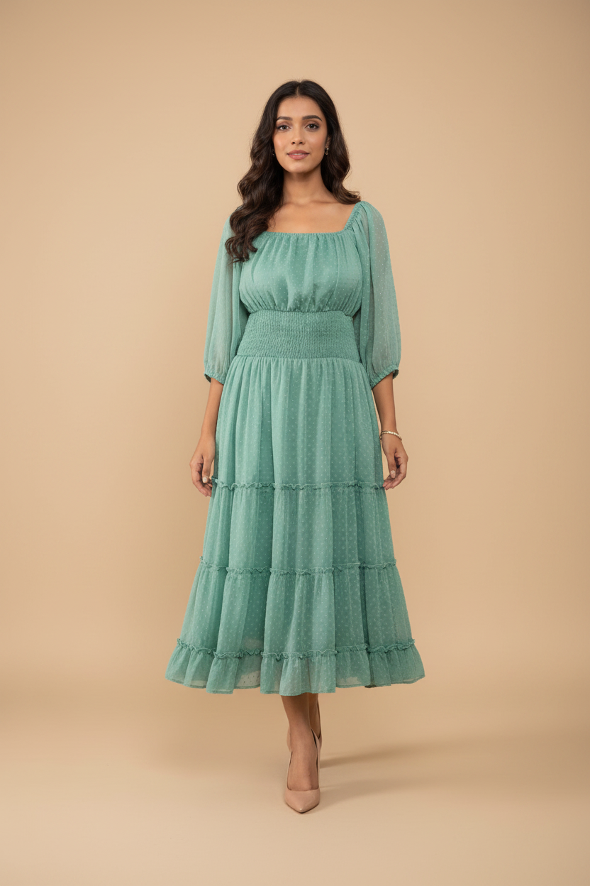 Snuggle Spot Women's Chiffon Solid Puff Sleeve Dress (Green)