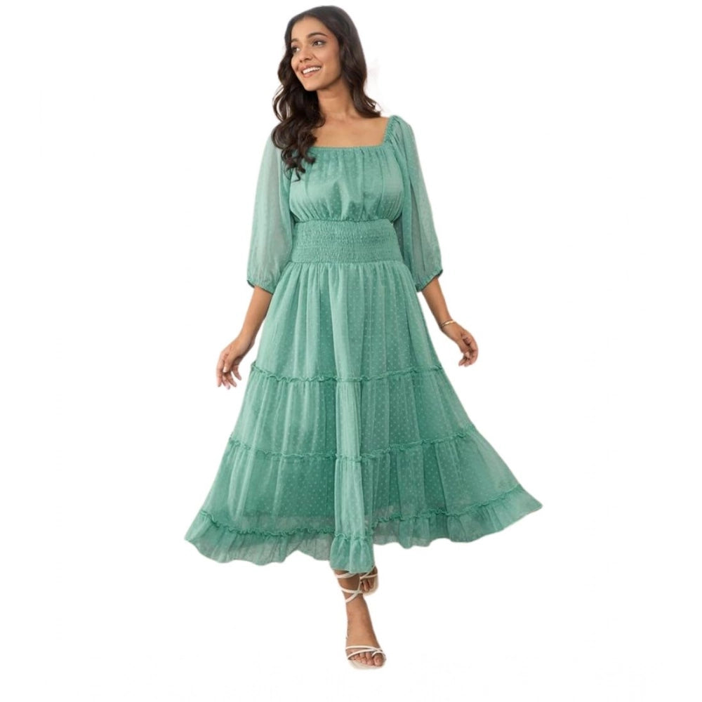 Snuggle Spot Women's Chiffon Solid Puff Sleeve Dress (Green)