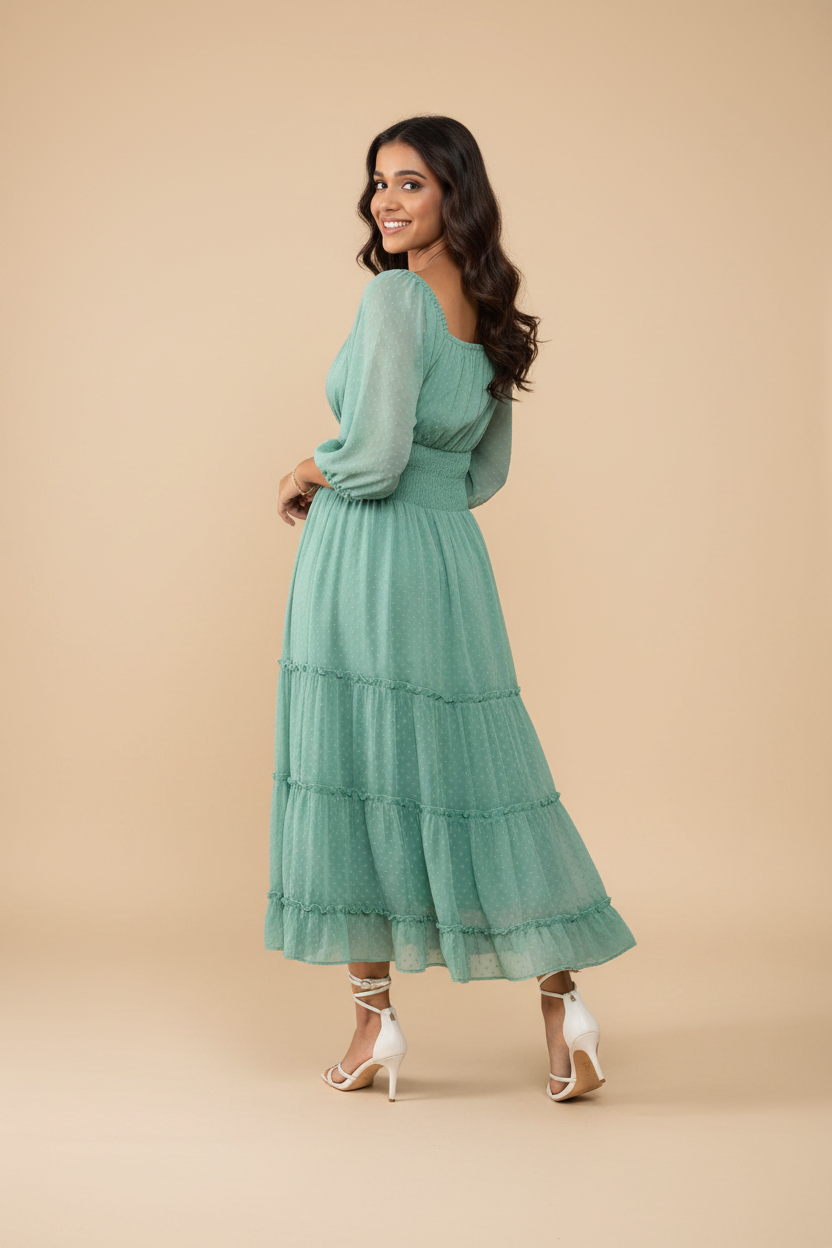 Snuggle Spot Women's Chiffon Solid Puff Sleeve Dress (Green)