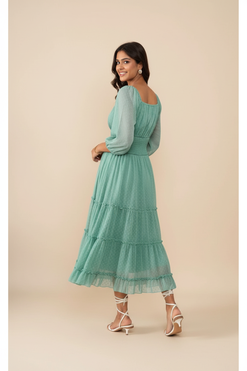 Snuggle Spot Women's Chiffon Solid Puff Sleeve Dress (Green)