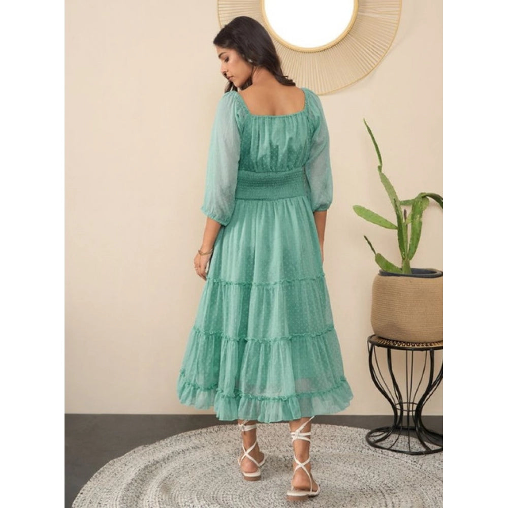 Snuggle Spot Women's Chiffon Solid Puff Sleeve Dress (Green)