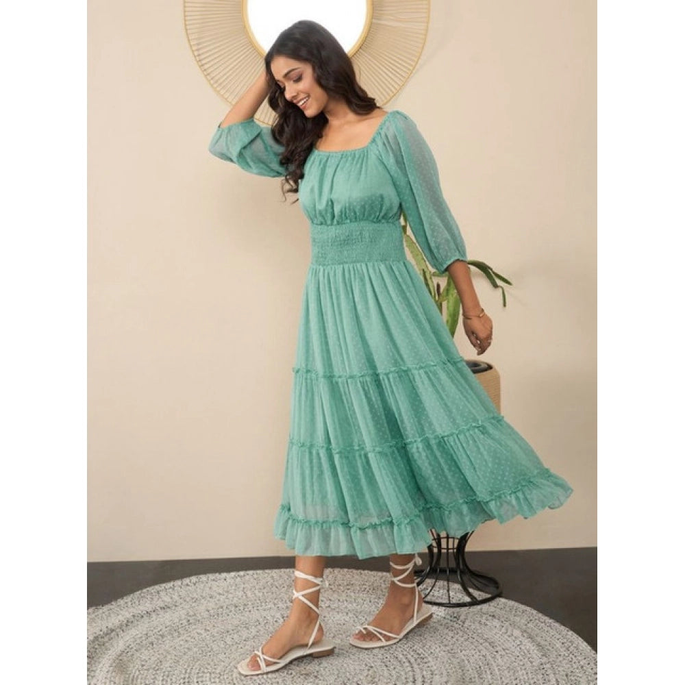 Snuggle Spot Women's Chiffon Solid Puff Sleeve Dress (Green)