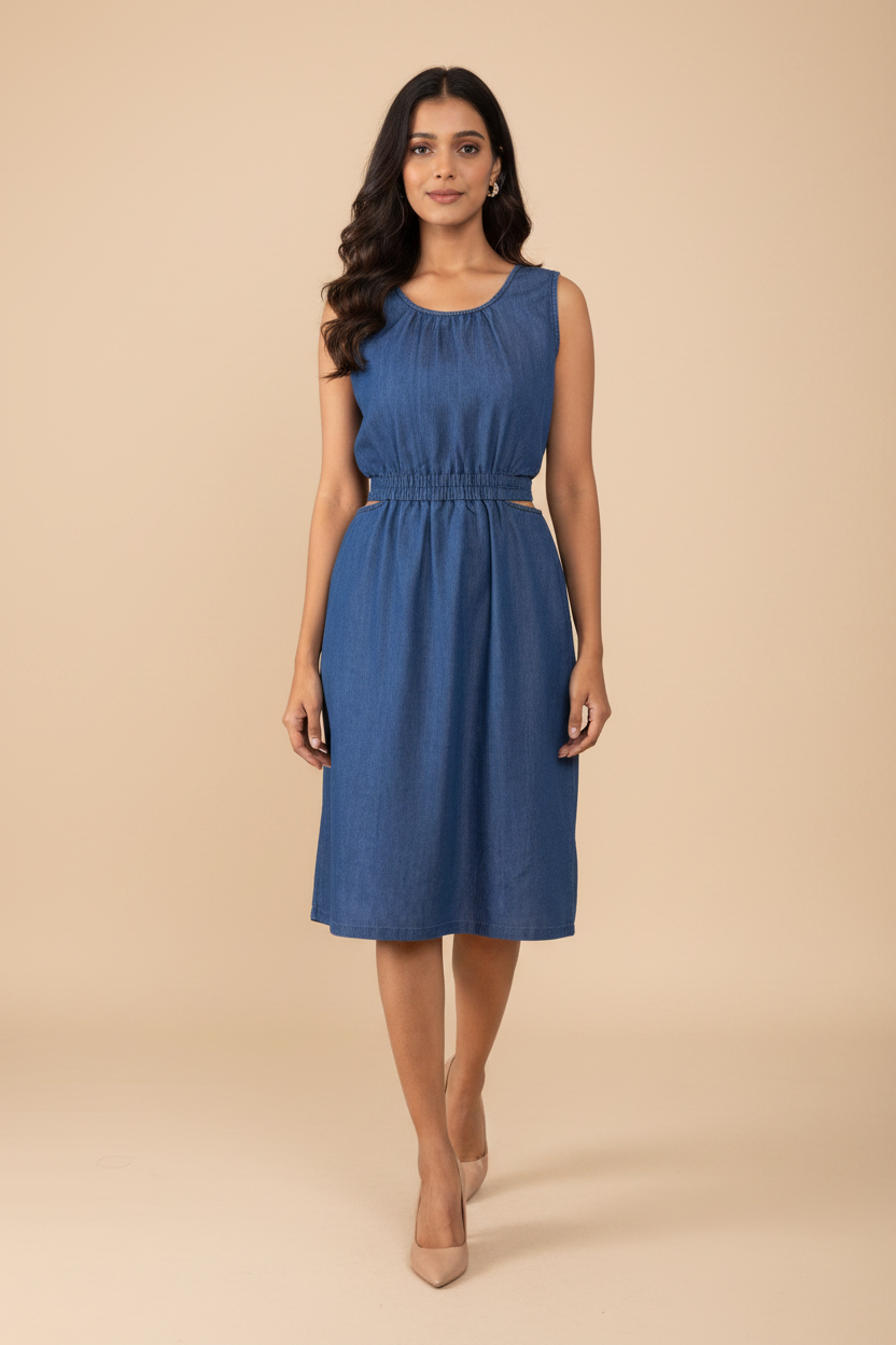 Snuggle Spot Women's Denim Solid Sleeveless Dress (Blue)