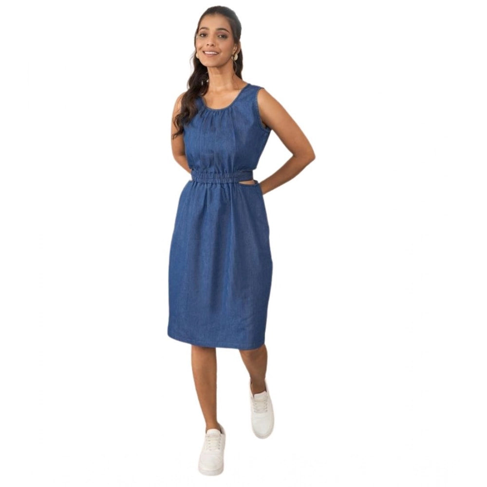 Snuggle Spot Women's Denim Solid Sleeveless Dress (Blue)