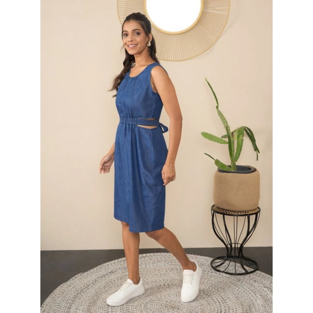 Snuggle Spot Women's Denim Solid Sleeveless Dress (Blue)