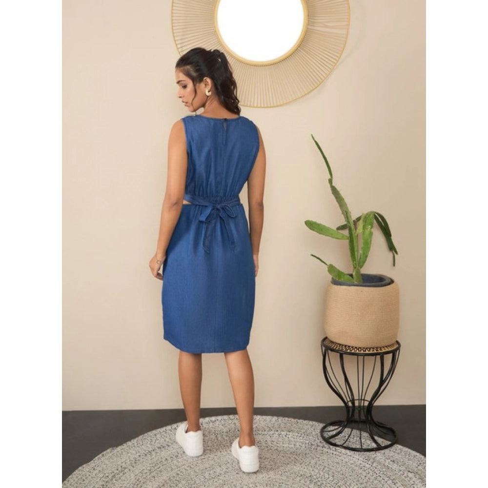 Snuggle Spot Women's Denim Solid Sleeveless Dress (Blue)