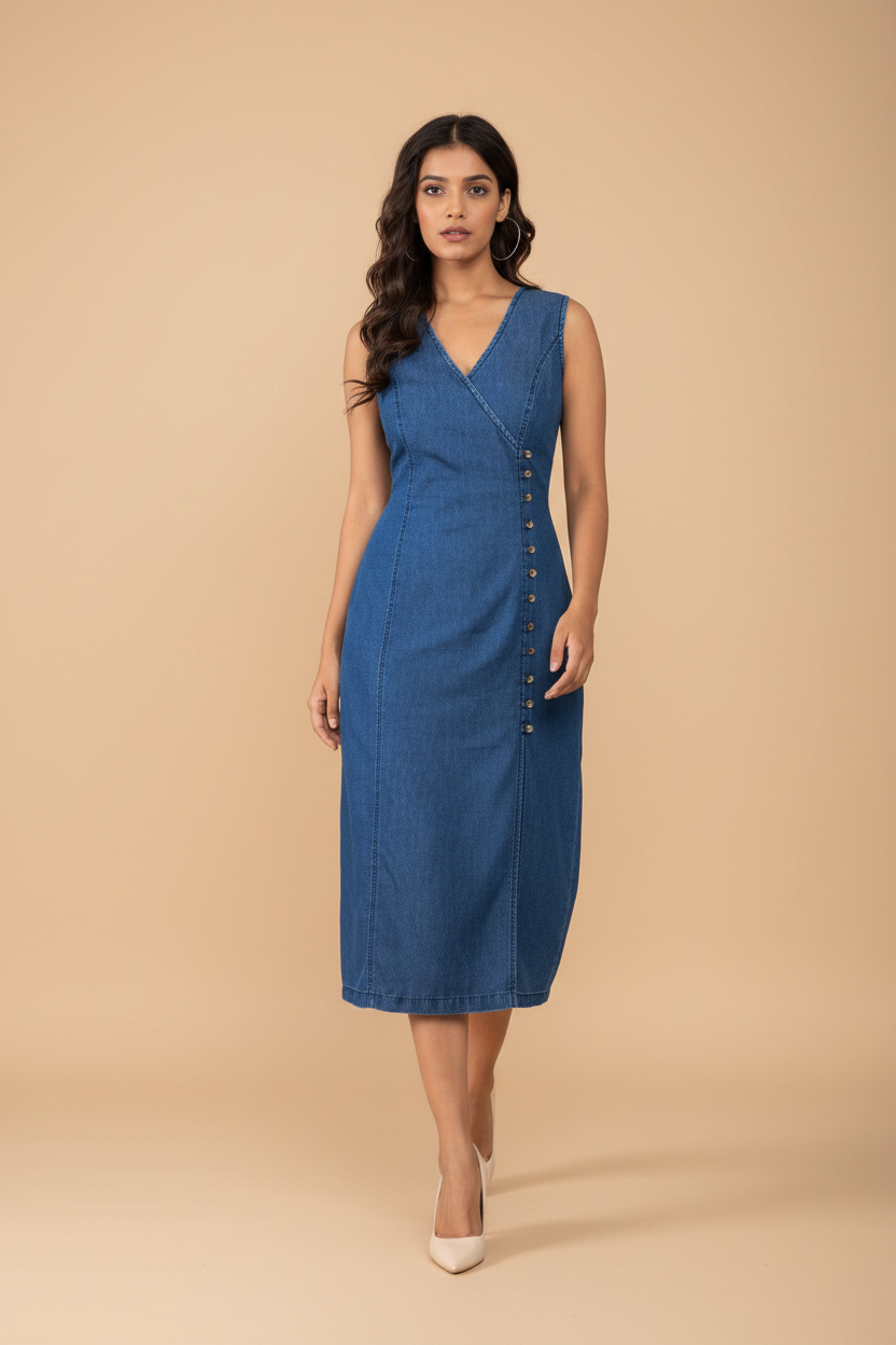 Snuggle Spot Women's Denim Solid Sleeveless Dress (Blue)