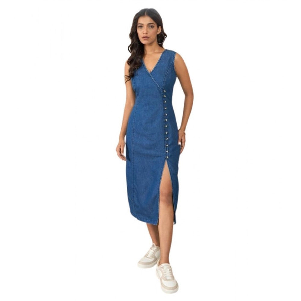 Snuggle Spot Women's Denim Solid Sleeveless Dress (Blue)