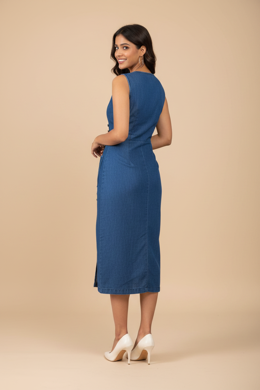Snuggle Spot Women's Denim Solid Sleeveless Dress (Blue)