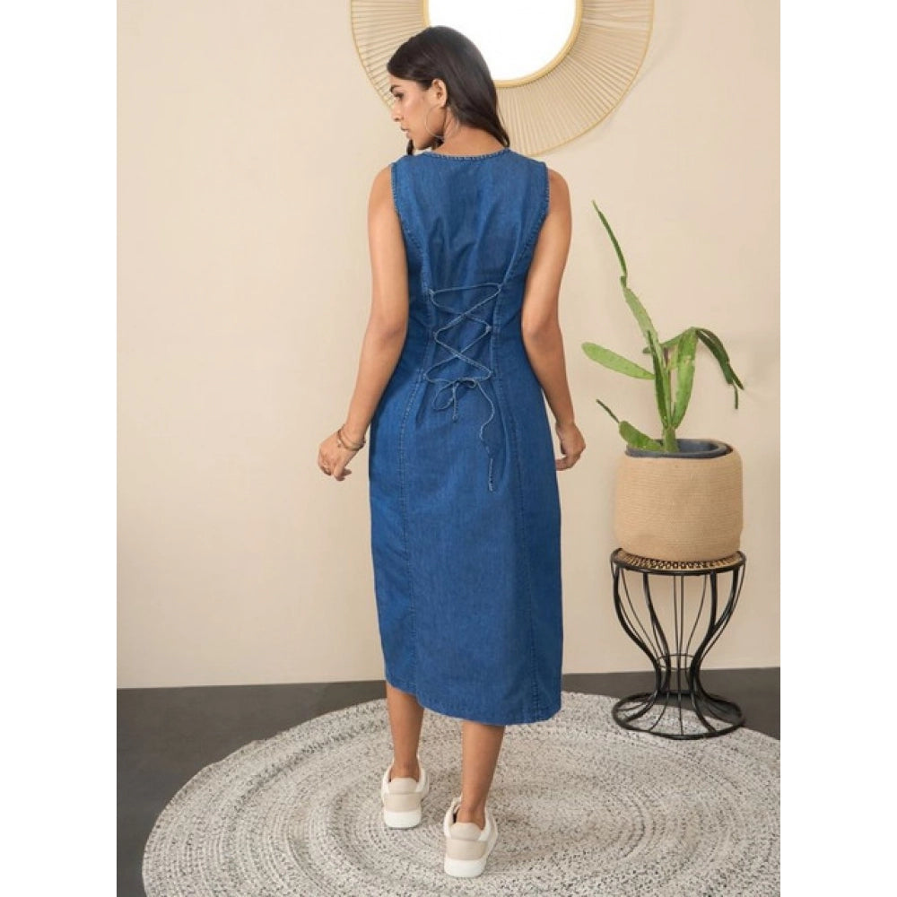 Snuggle Spot Women's Denim Solid Sleeveless Dress (Blue)