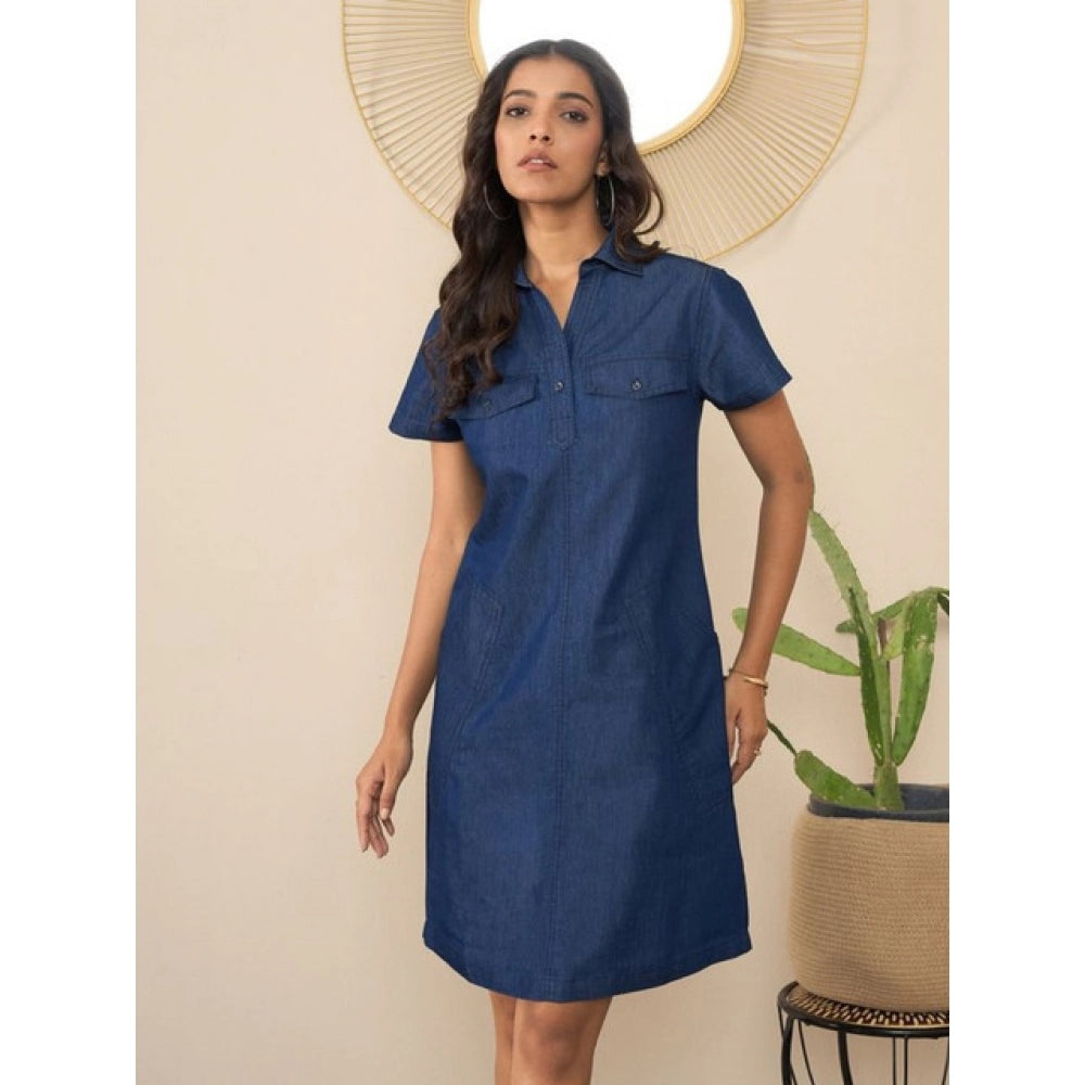 Snuggle Spot Women's Denim Solid Sleeveless Dress (Blue)