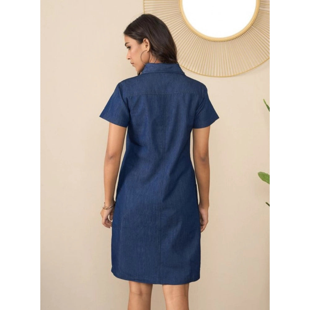 Snuggle Spot Women's Denim Solid Sleeveless Dress (Blue)