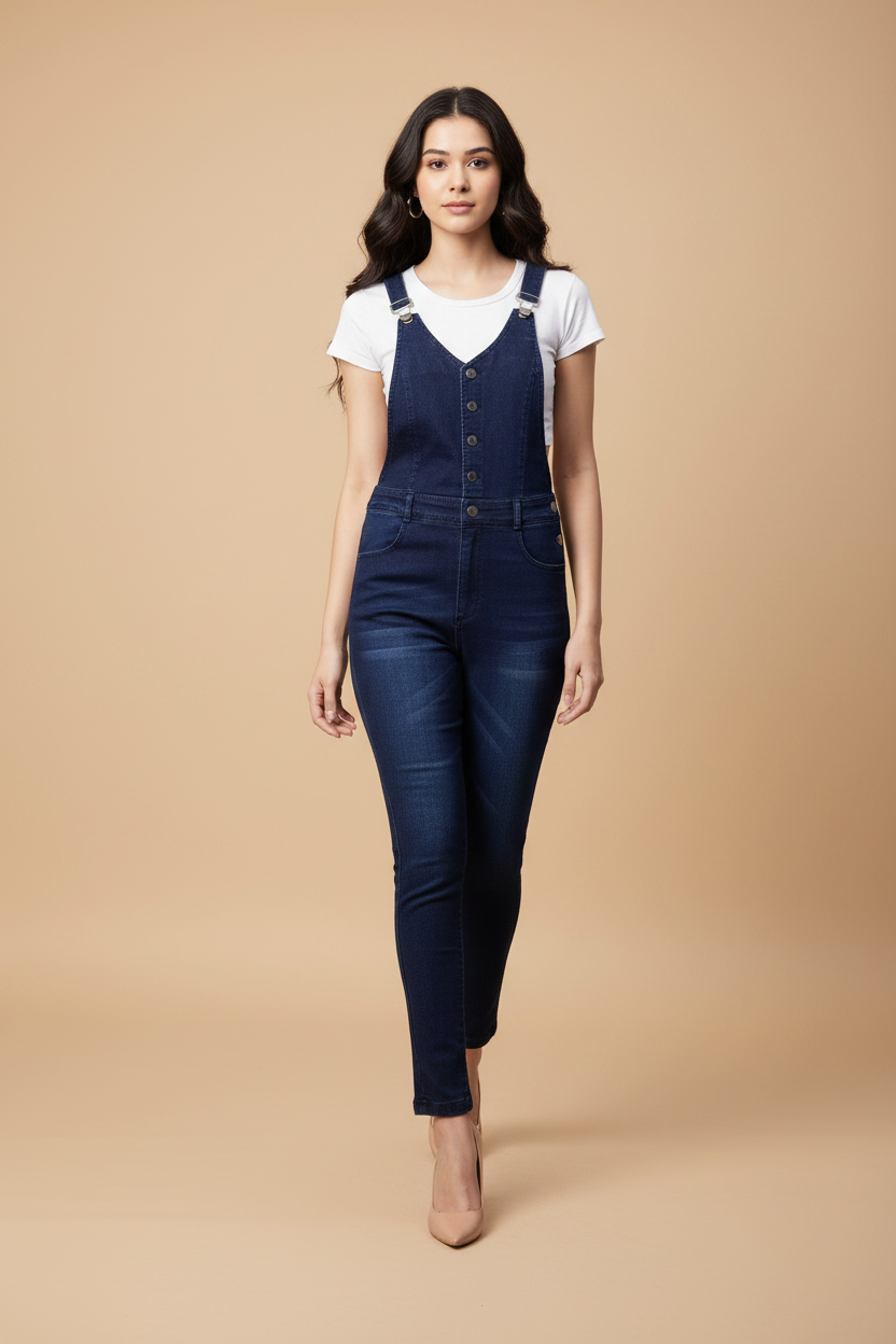 Snuggle Spot Women's Denim Lycra Solid Buttoned Dungaree (Navy)