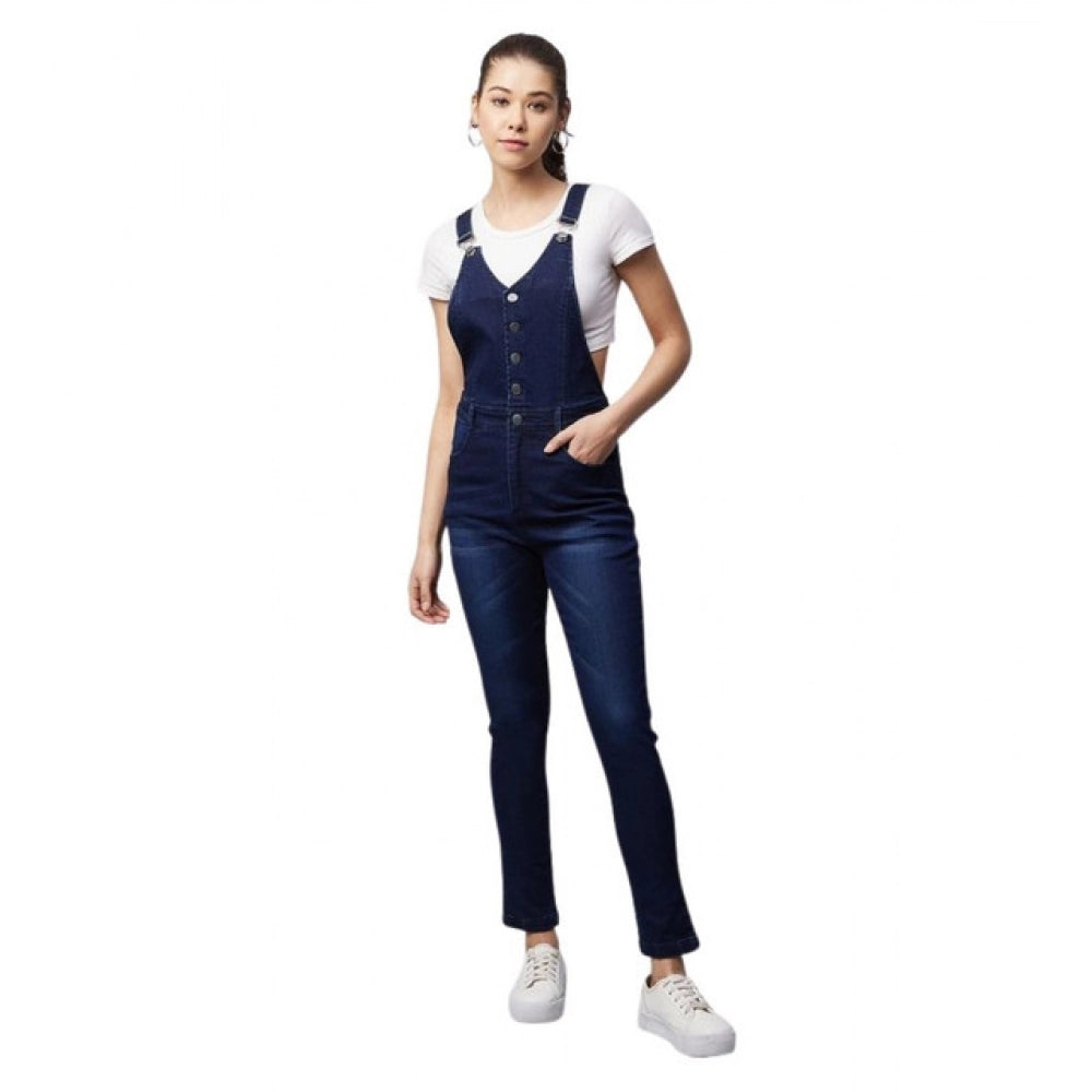 Snuggle Spot Women's Denim Lycra Solid Buttoned Dungaree (Navy)