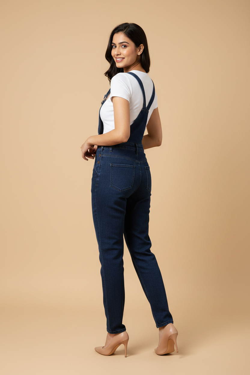 Snuggle Spot Women's Denim Lycra Solid Buttoned Dungaree (Navy)