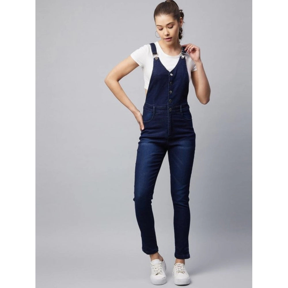 Snuggle Spot Women's Denim Lycra Solid Buttoned Dungaree (Navy)