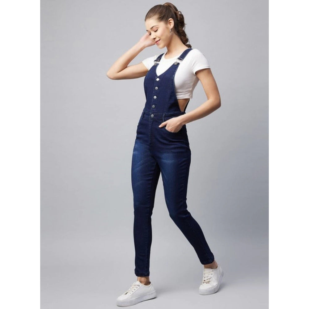 Snuggle Spot Women's Denim Lycra Solid Buttoned Dungaree (Navy)