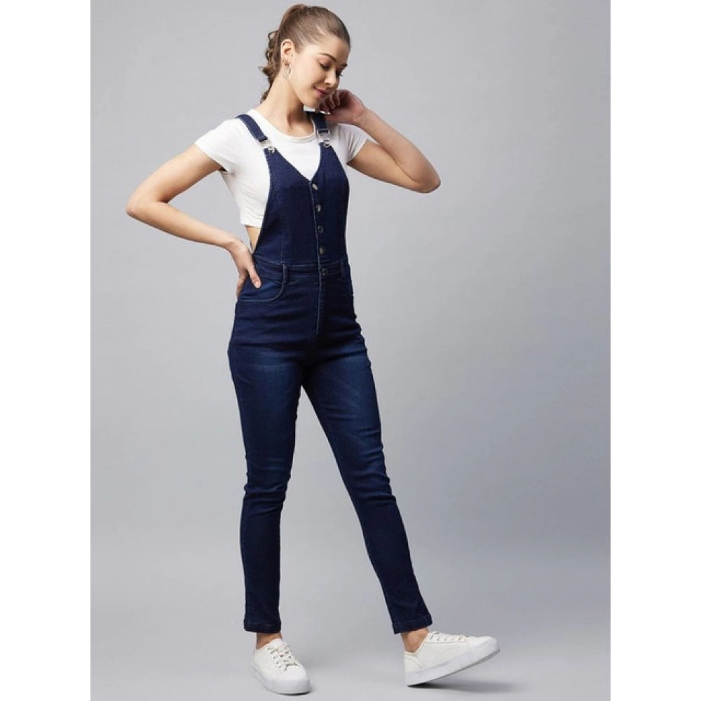 Snuggle Spot Women's Denim Lycra Solid Buttoned Dungaree (Navy)