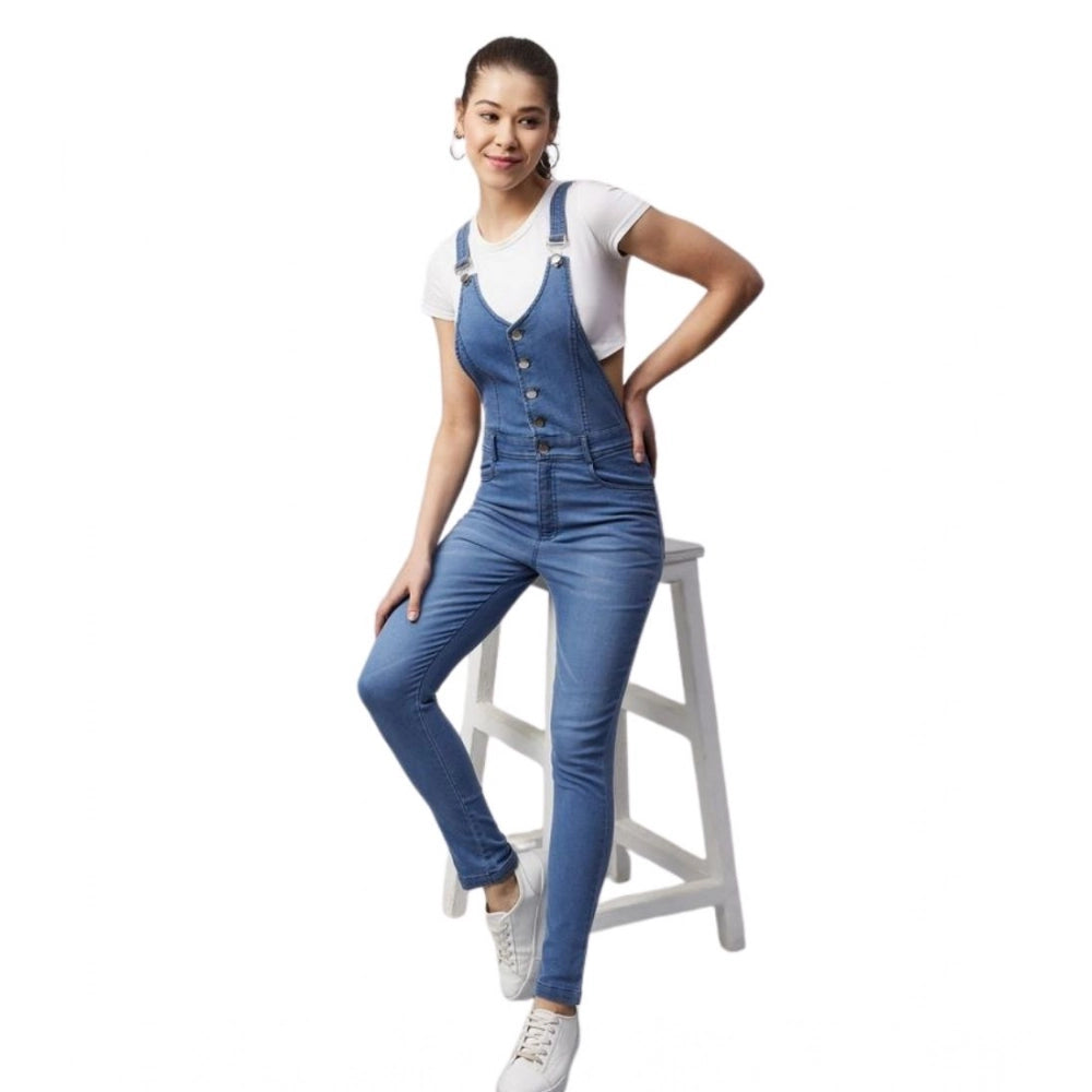 Snuggle Spot Women's Denim Lycra Solid Buttoned Dungaree (Ice Blue)