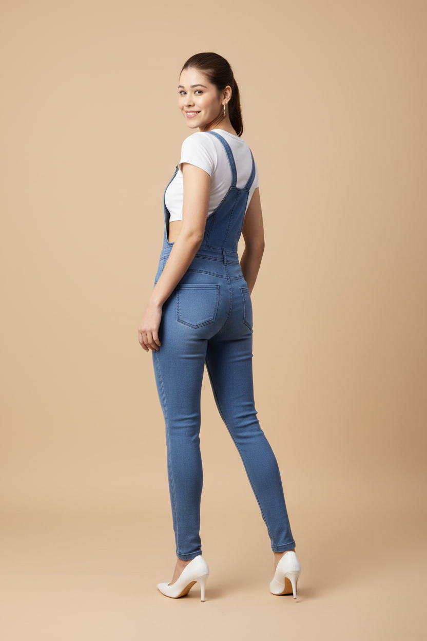 Snuggle Spot Women's Denim Lycra Solid Buttoned Dungaree (Ice Blue)