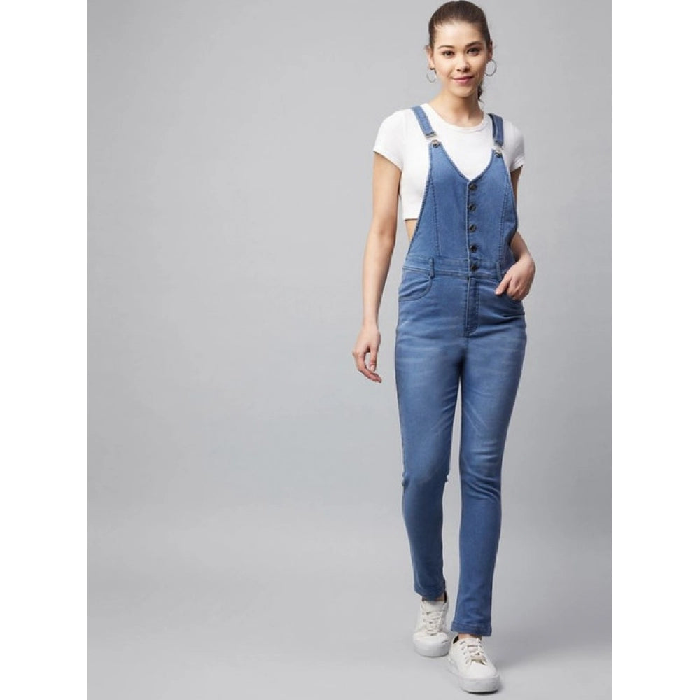 Snuggle Spot Women's Denim Lycra Solid Buttoned Dungaree (Ice Blue)