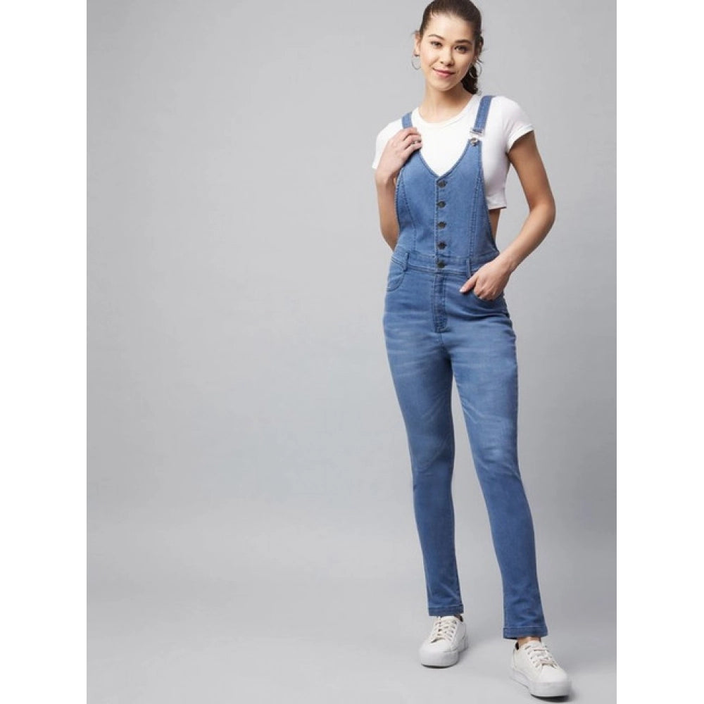 Snuggle Spot Women's Denim Lycra Solid Buttoned Dungaree (Ice Blue)