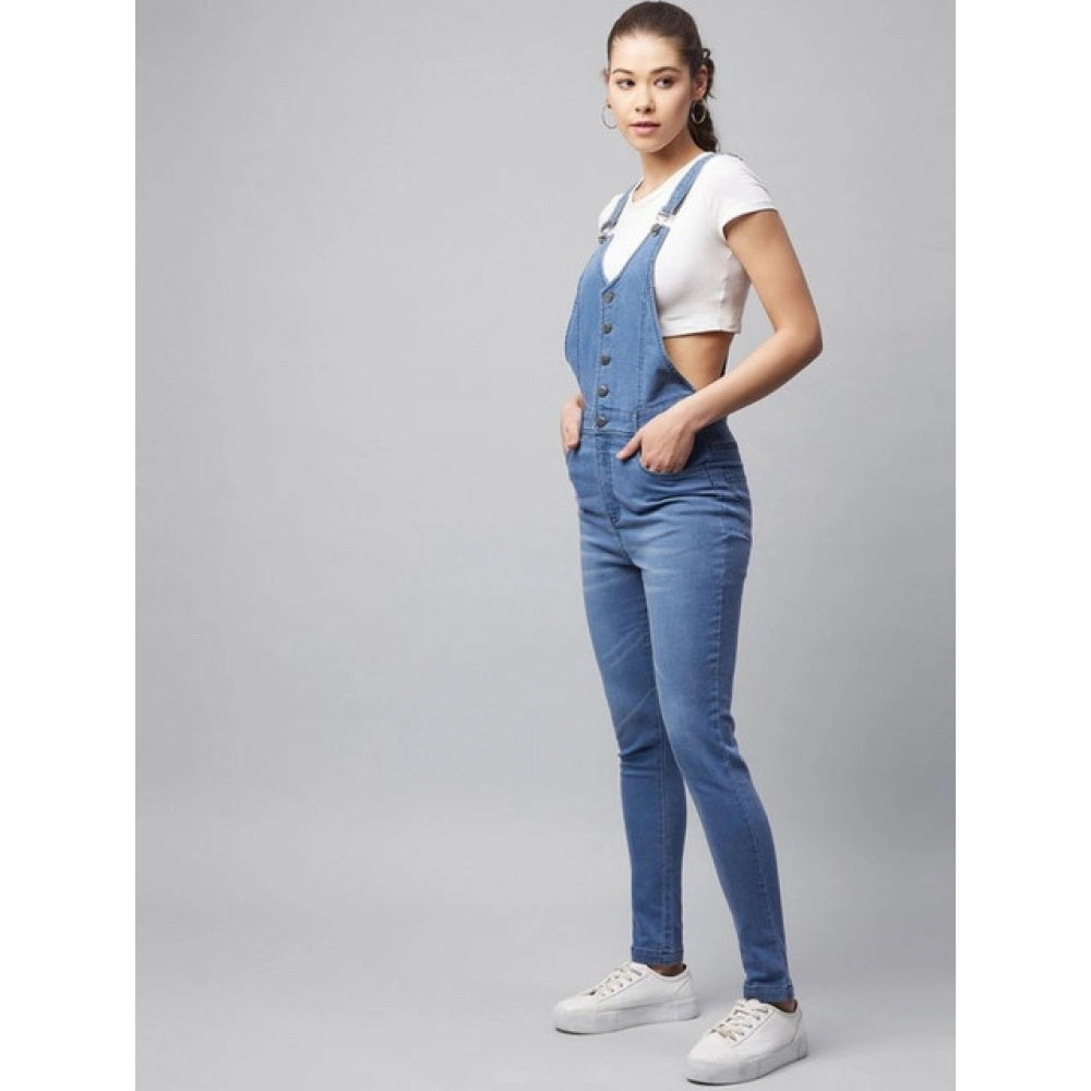 Snuggle Spot Women's Denim Lycra Solid Buttoned Dungaree (Ice Blue)