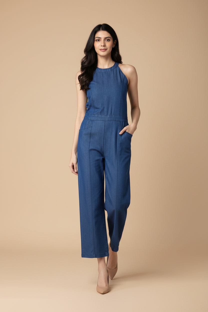 Snuggle Spot Women's Denim Solid Sleeveless Jumpsuit (Blue)
