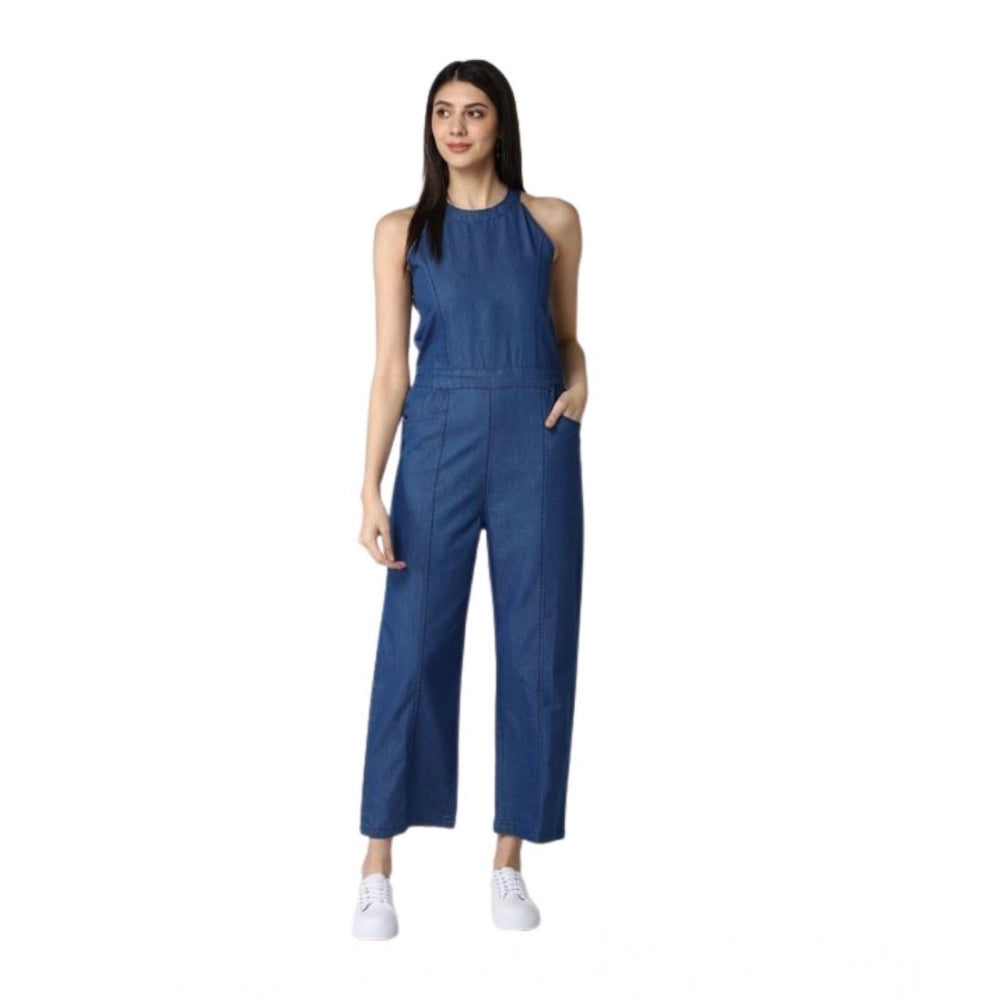 Snuggle Spot Women's Denim Solid Sleeveless Jumpsuit (Blue)