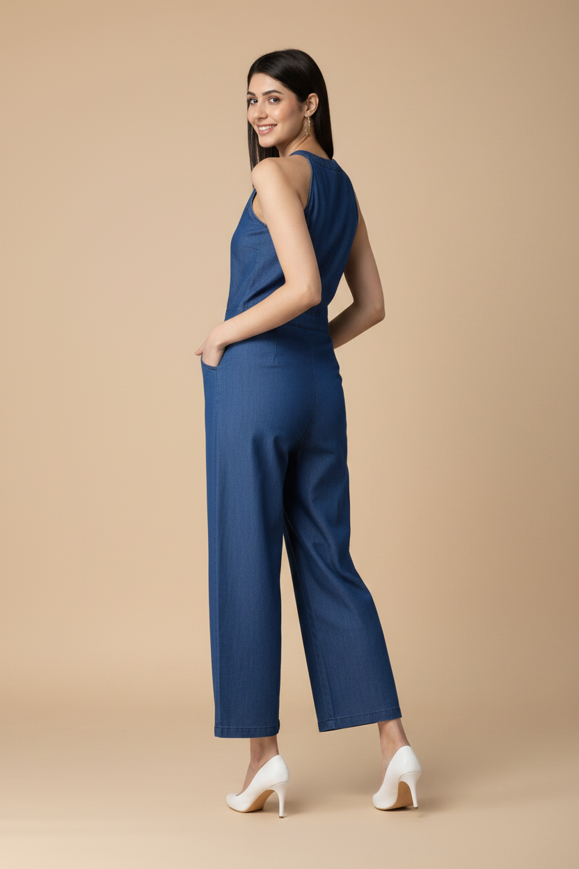 Snuggle Spot Women's Denim Solid Sleeveless Jumpsuit (Blue)