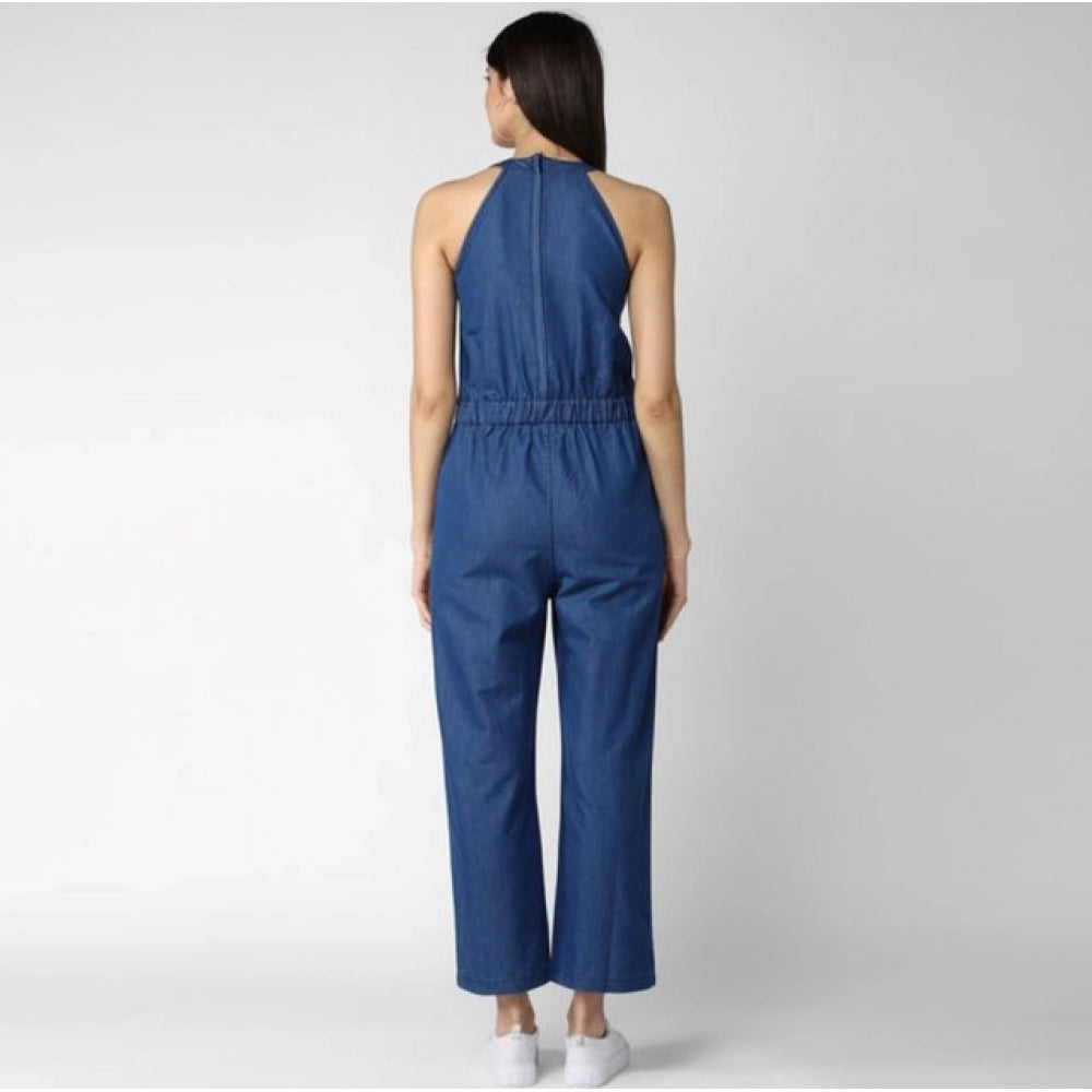 Snuggle Spot Women's Denim Solid Sleeveless Jumpsuit (Blue)