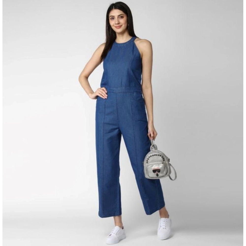 Snuggle Spot Women's Denim Solid Sleeveless Jumpsuit (Blue)