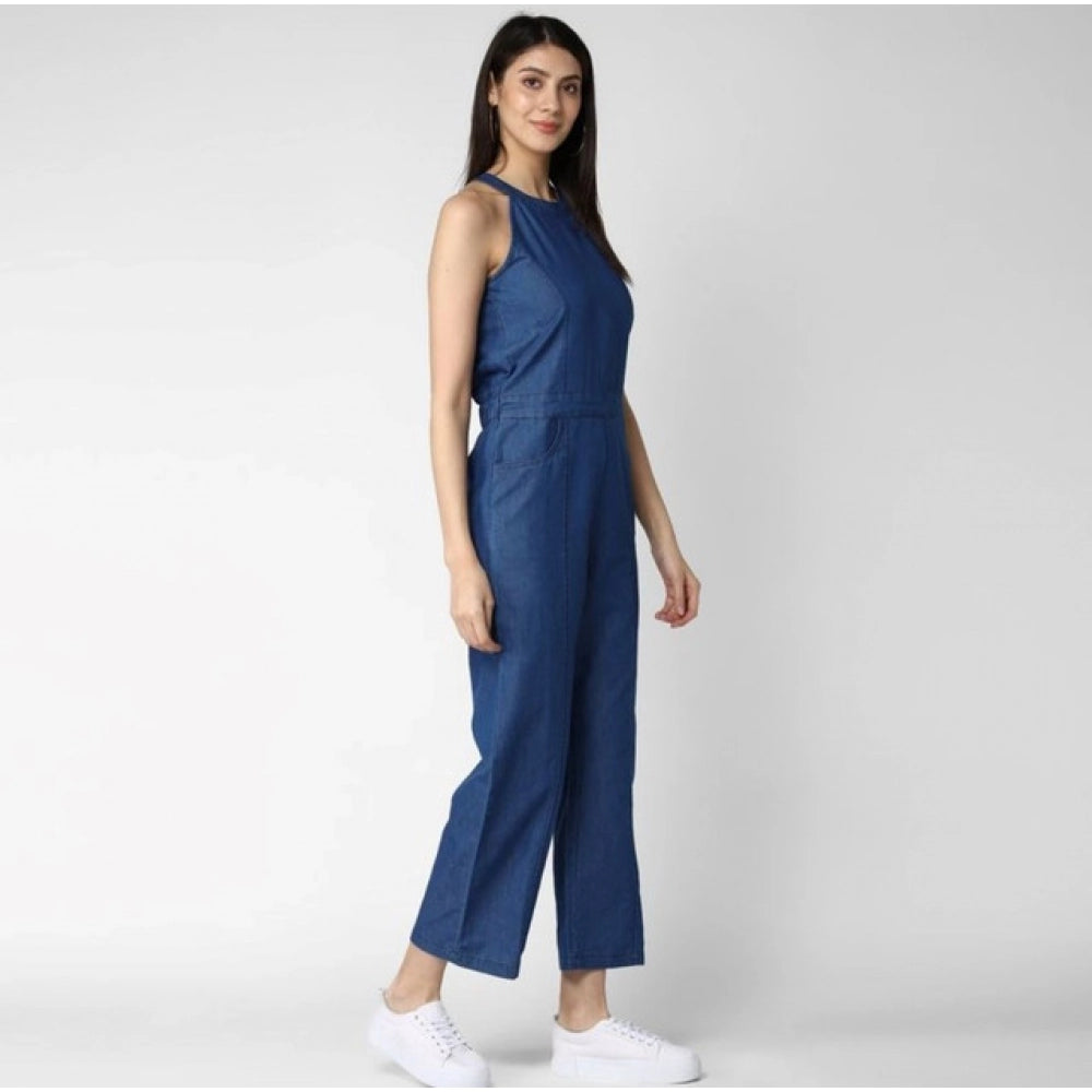 Snuggle Spot Women's Denim Solid Sleeveless Jumpsuit (Blue)