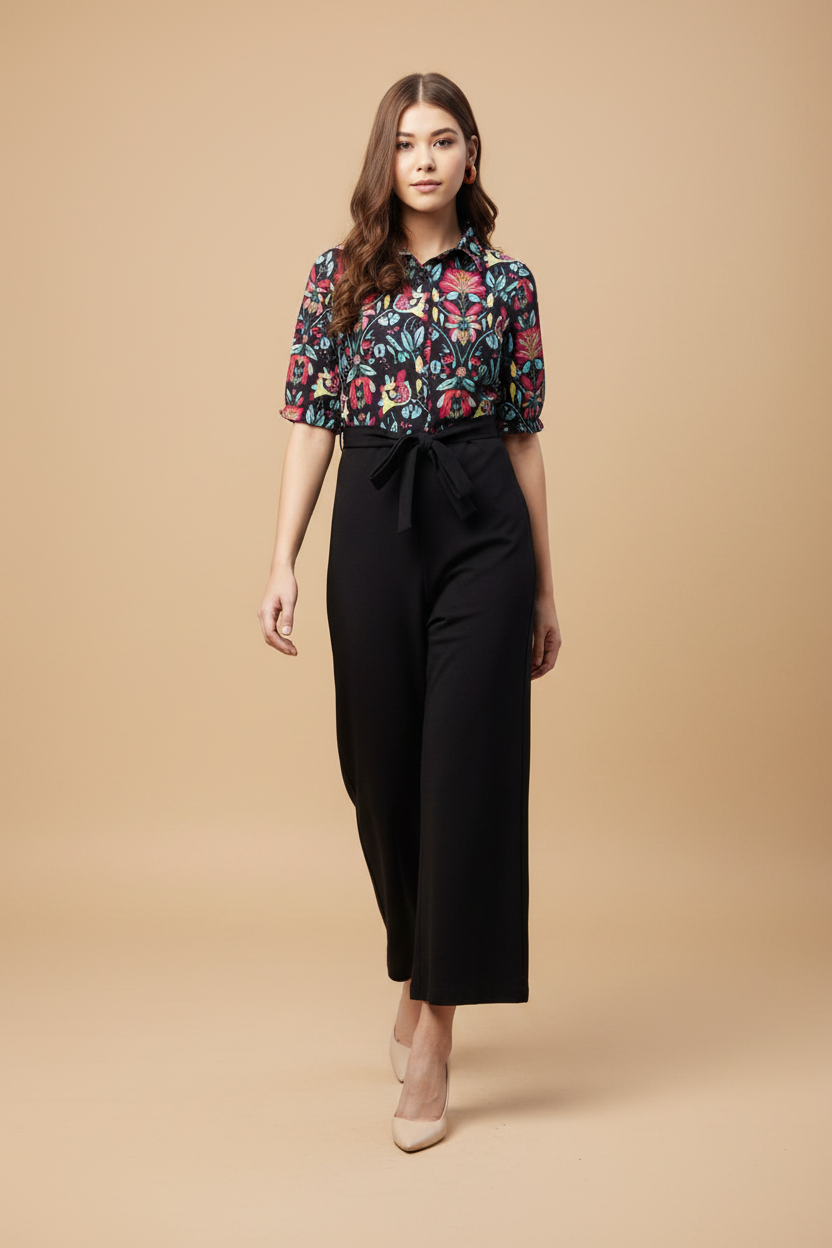 Snuggle Spot Women's Polyester Floral Short Sleeve Jumpsuit (Multicolor)