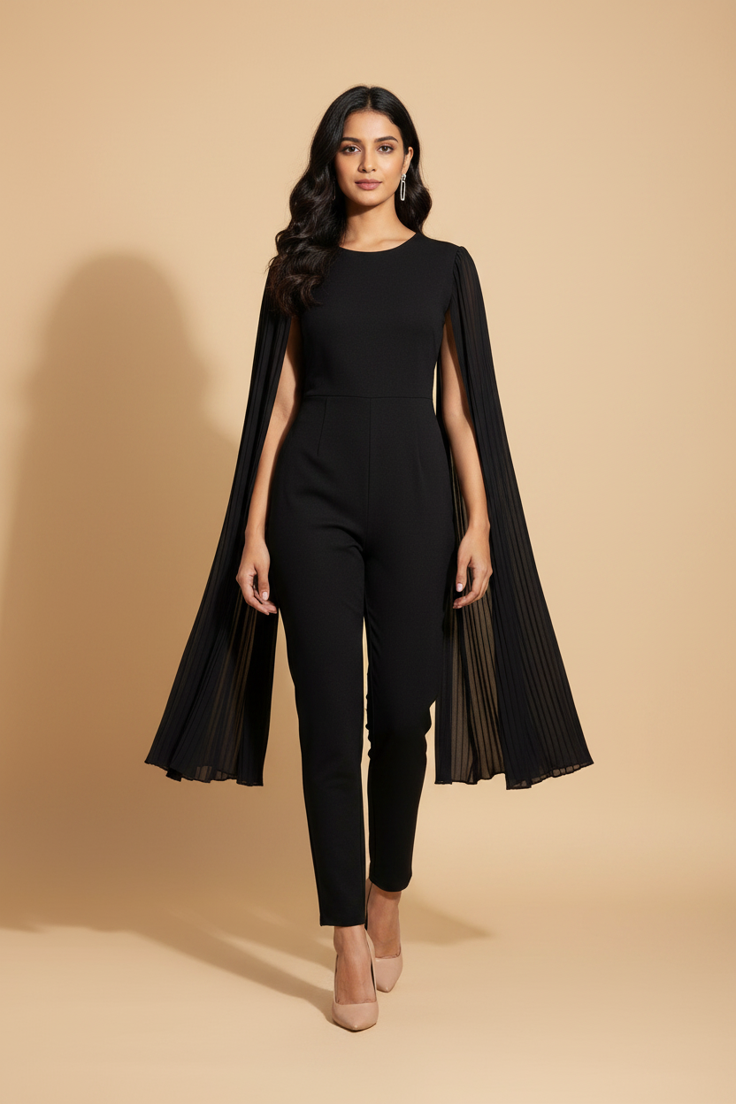 Snuggle Spot Women's Polyeter Solid Cape Sleeve Jumpsuit (Black)
