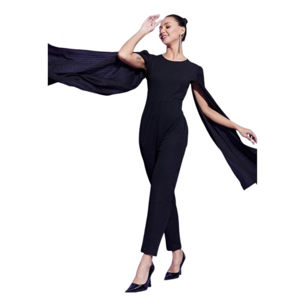 Snuggle Spot Women's Polyeter Solid Cape Sleeve Jumpsuit (Black)