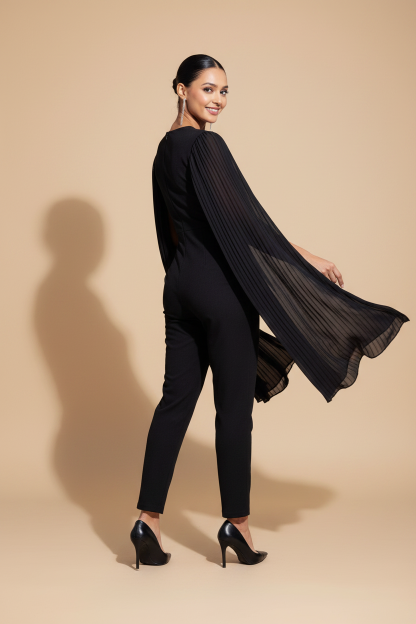 Snuggle Spot Women's Polyeter Solid Cape Sleeve Jumpsuit (Black)