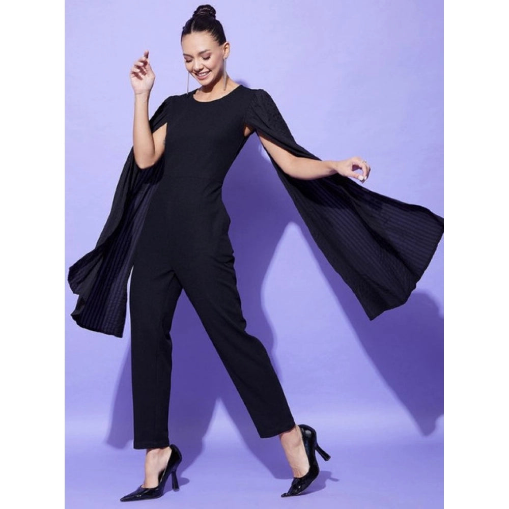 Snuggle Spot Women's Polyeter Solid Cape Sleeve Jumpsuit (Black)