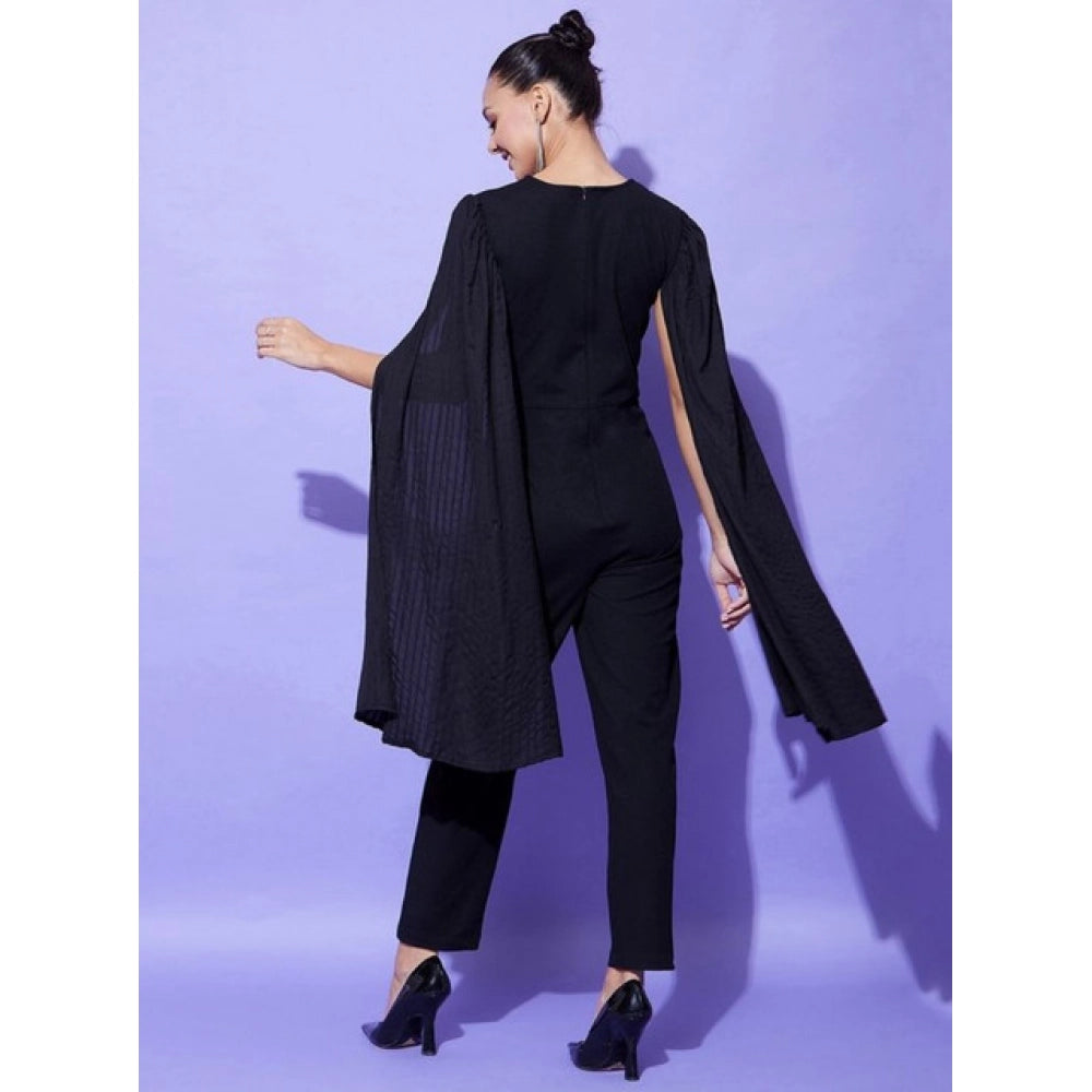 Snuggle Spot Women's Polyeter Solid Cape Sleeve Jumpsuit (Black)