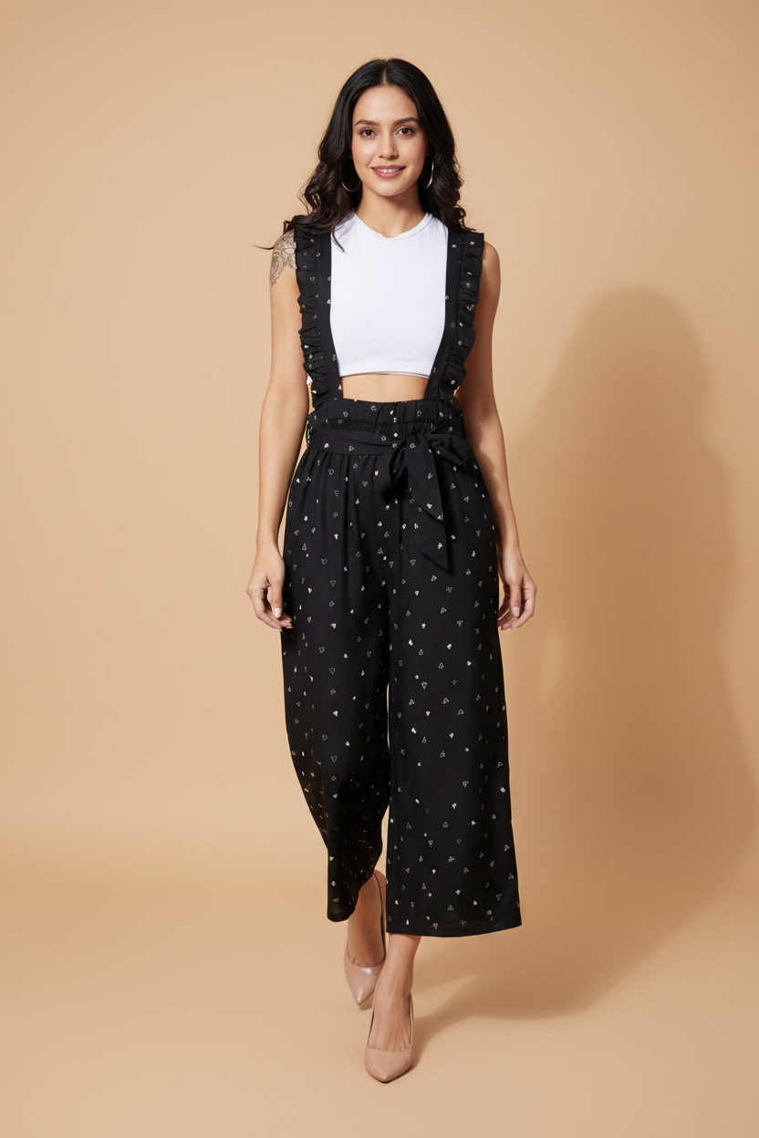Snuggle Spot Women's Rayon Pinafore Shoulder Straps Jumpsuit (Black)
