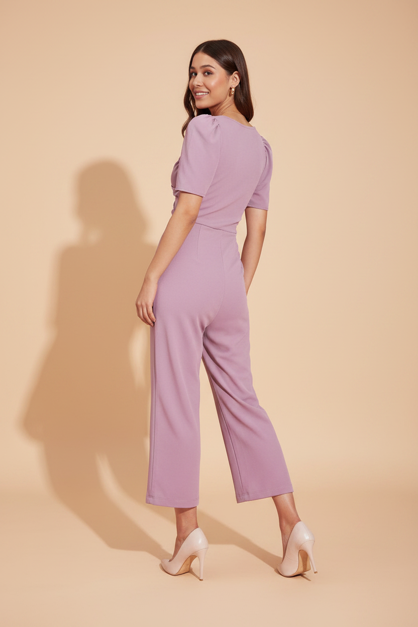 Snuggle Spot Women's Polyester Lycra Solid Puff Sleeve Jumpsuit (Lavender)