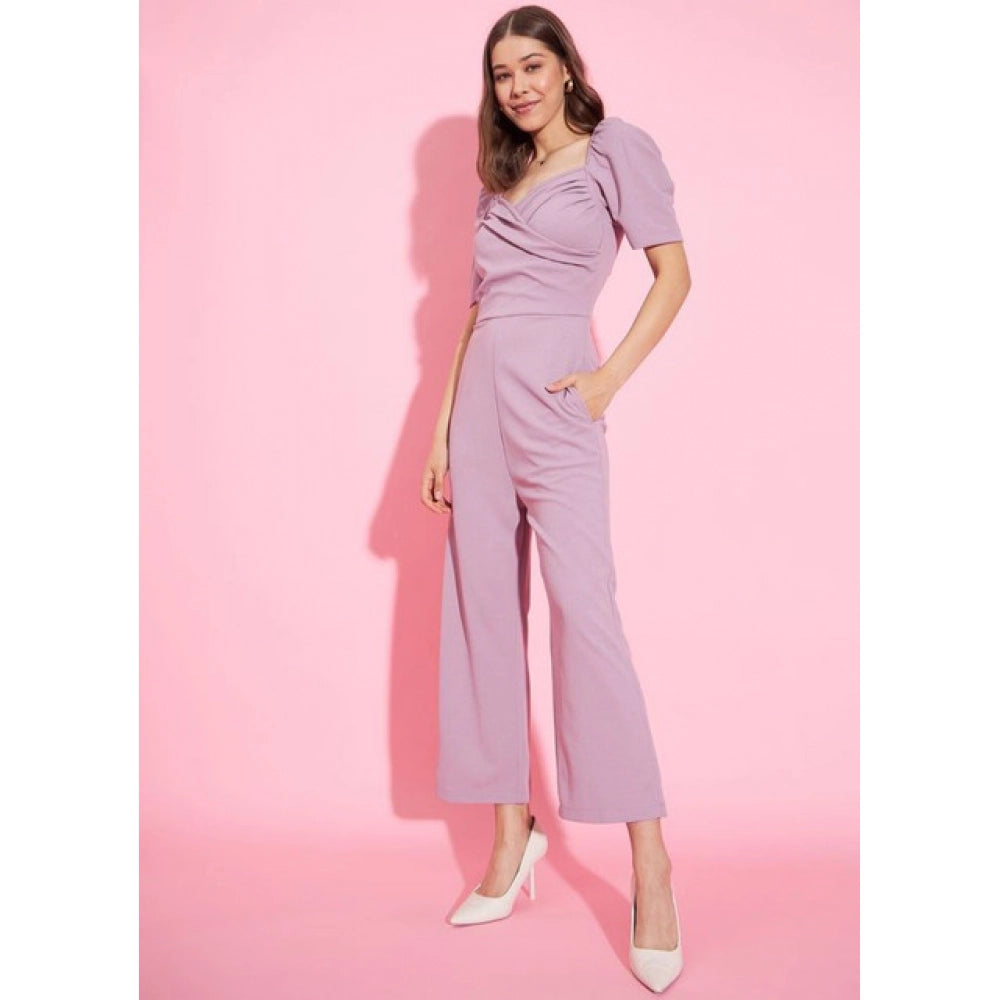 Snuggle Spot Women's Polyester Lycra Solid Puff Sleeve Jumpsuit (Lavender)