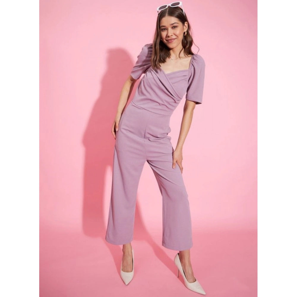 Snuggle Spot Women's Polyester Lycra Solid Puff Sleeve Jumpsuit (Lavender)