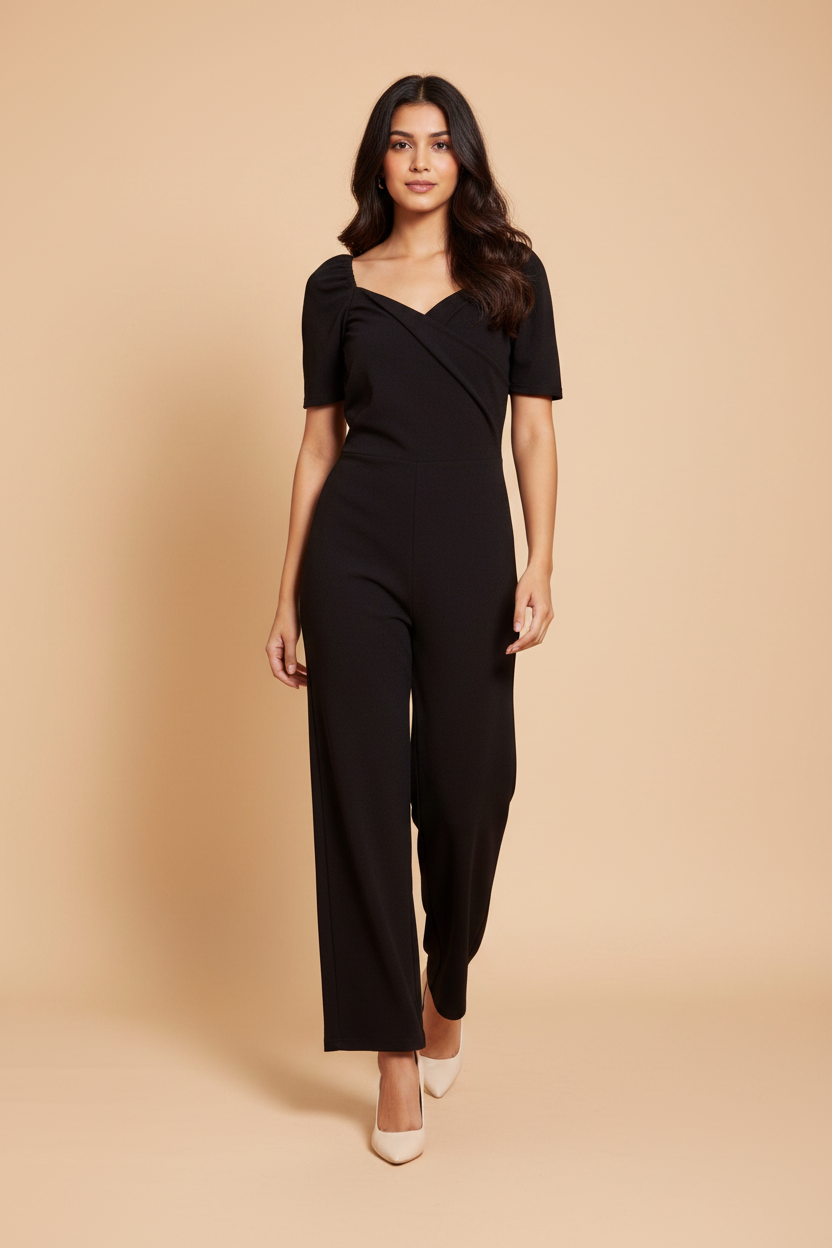 Snuggle Spot Women's Polyester Lycra Solid Puff Sleeve Jumpsuit (Black)