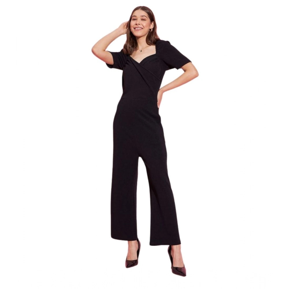Snuggle Spot Women's Polyester Lycra Solid Puff Sleeve Jumpsuit (Black)