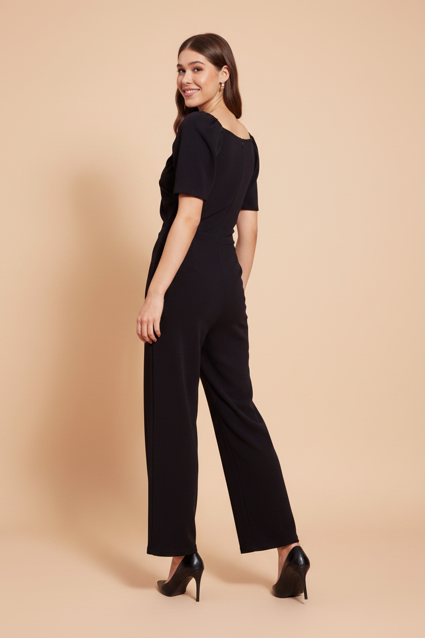 Snuggle Spot Women's Polyester Lycra Solid Puff Sleeve Jumpsuit (Black)