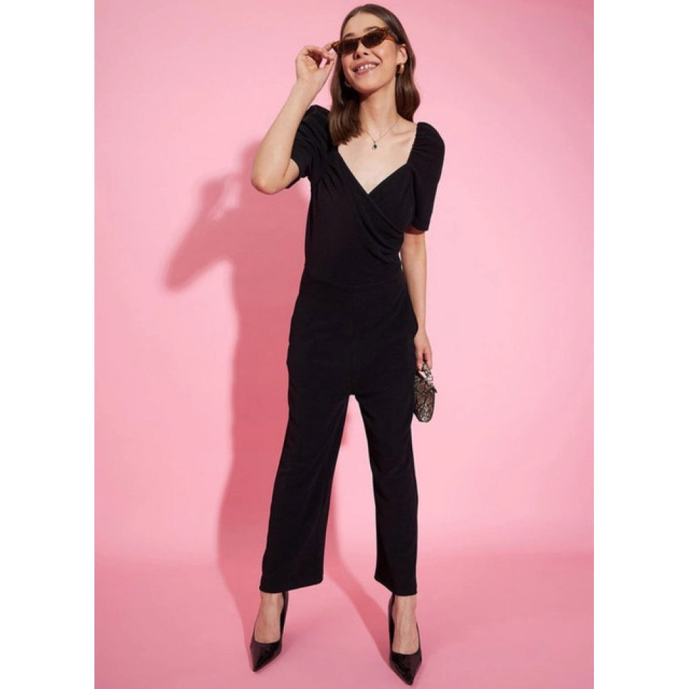 Snuggle Spot Women's Polyester Lycra Solid Puff Sleeve Jumpsuit (Black)