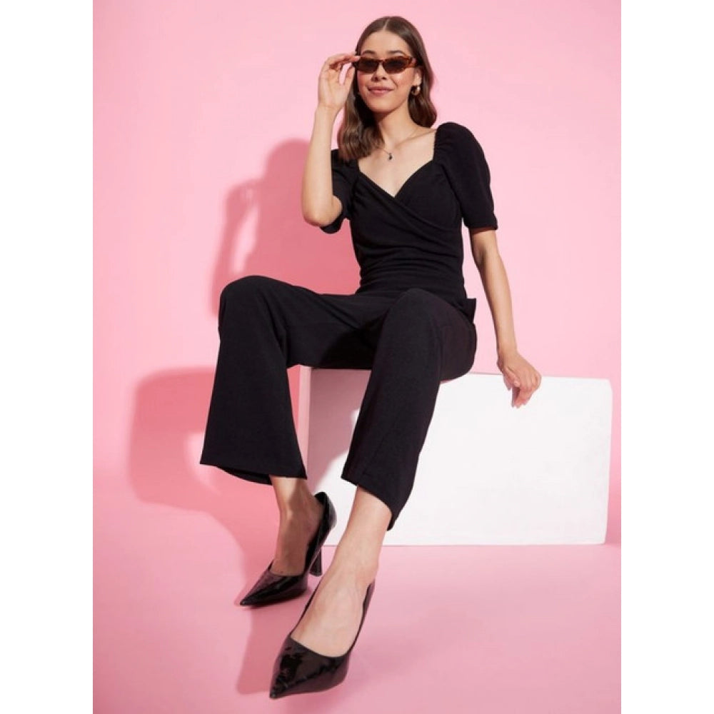 Snuggle Spot Women's Polyester Lycra Solid Puff Sleeve Jumpsuit (Black)